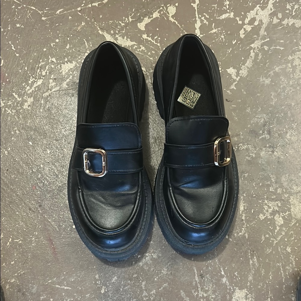 Black Leather Loafers with Gold Buckle